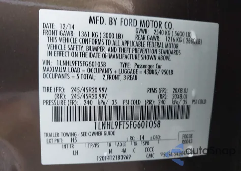 2015 Lincoln Mks Ecoboost z USA, uszkodzony, nr VIN 1LNHL9FT5FG601058